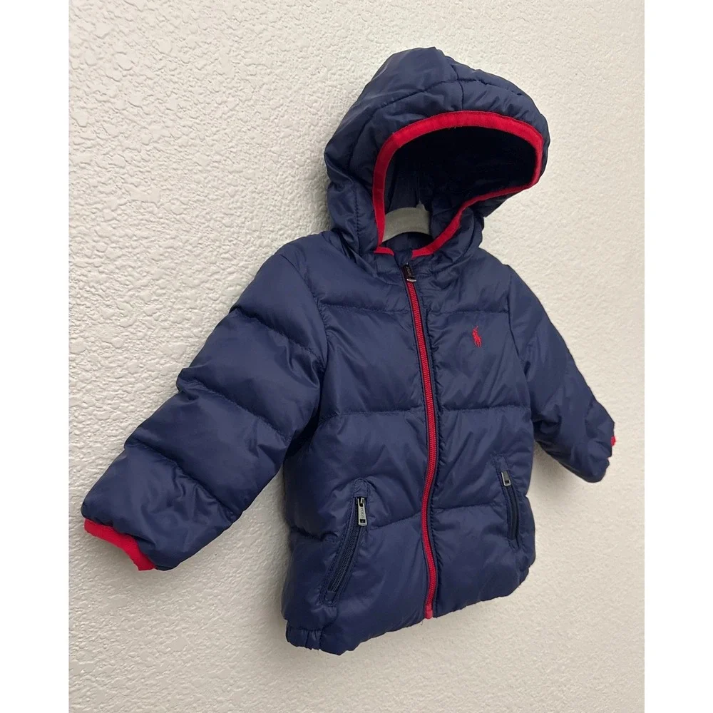 Ralph Lauren Navy Blue Down Puffer Hooded Jacket Size 12 Months Packable Bag